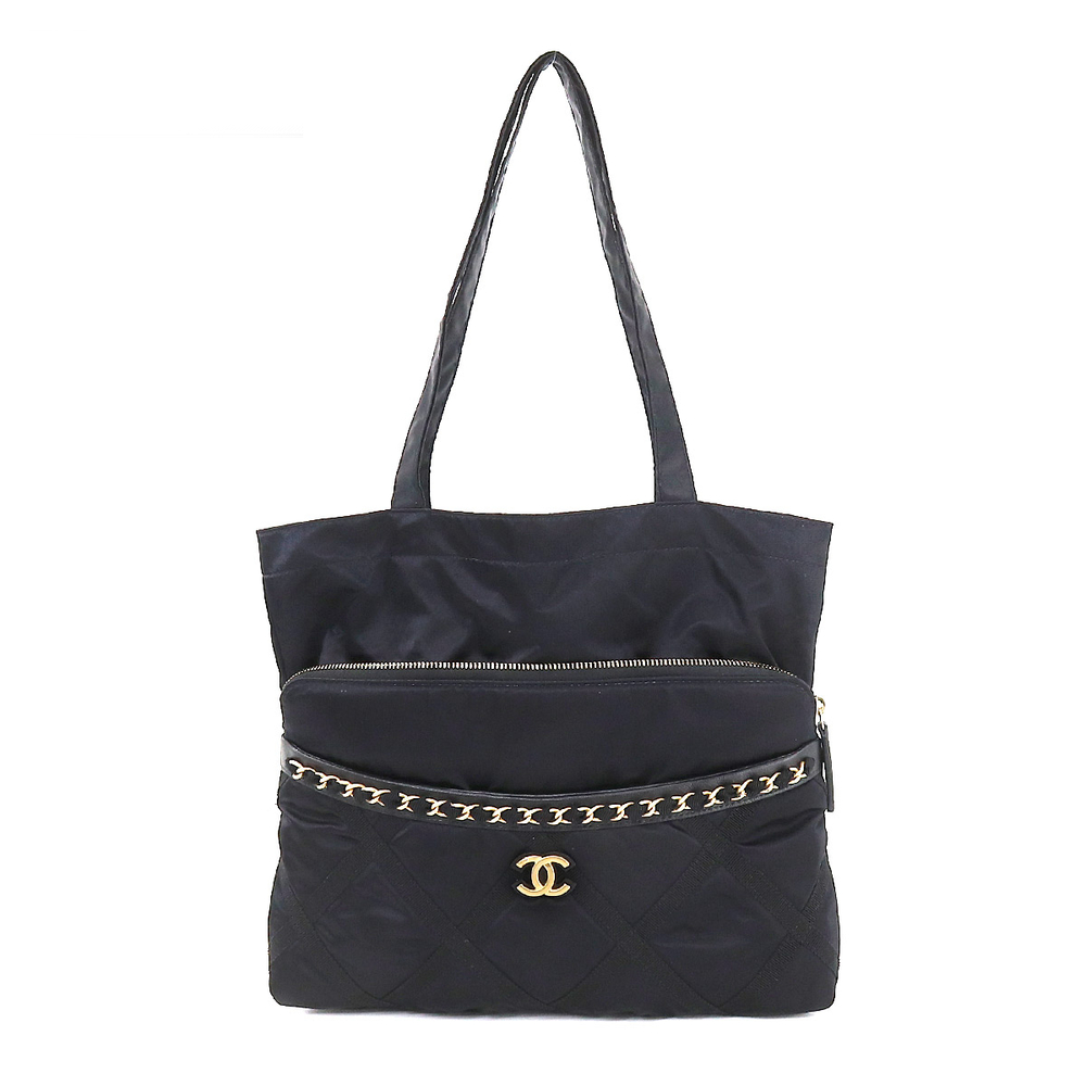 Chanel Quilted Tote Clutch Bag Nylon Leather Black Coco Mark Gold Hardware
